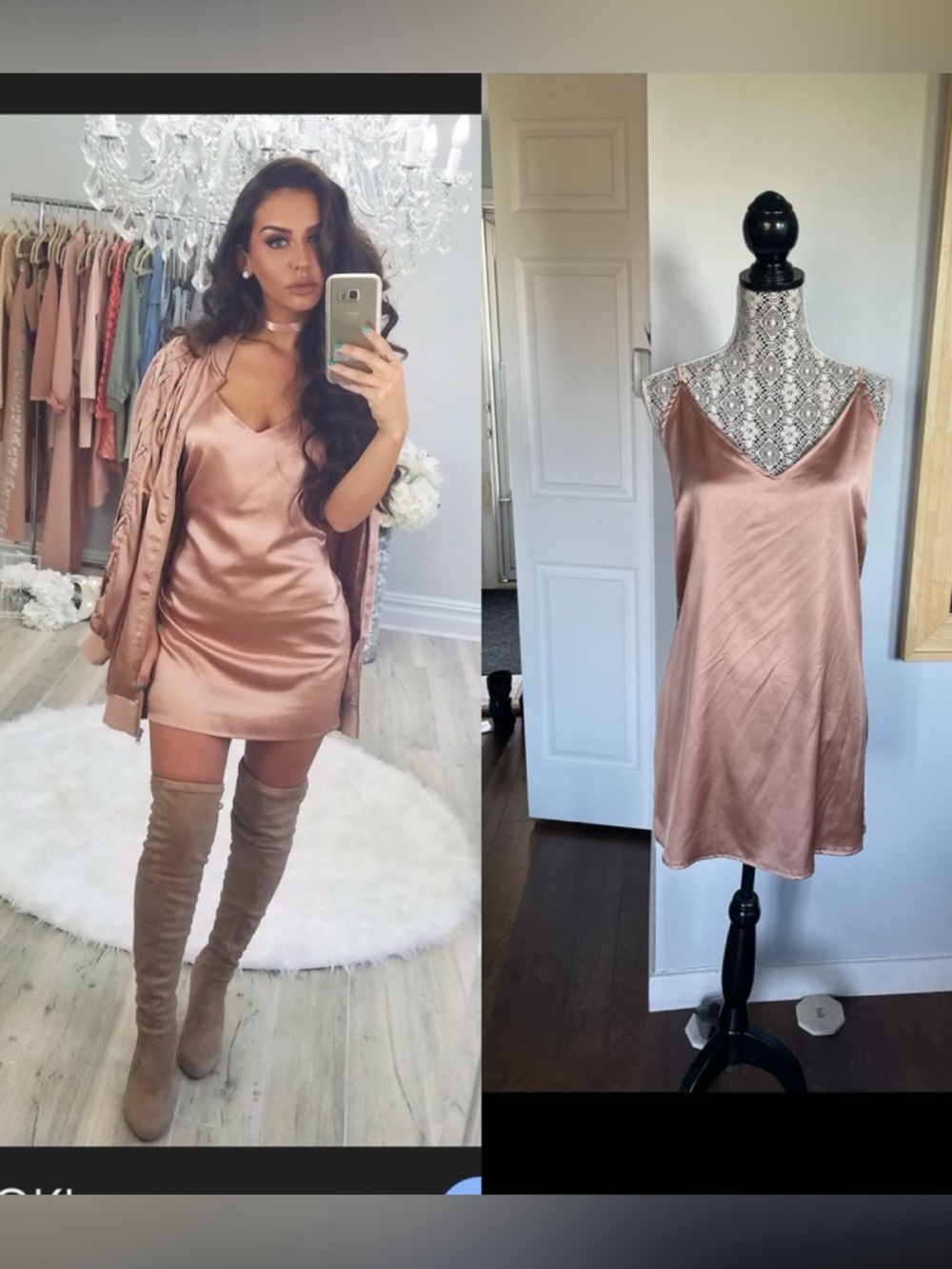 NWT XL Missguided x Carli Baybel Rose Gold Satin Mini Dress. Size 10.